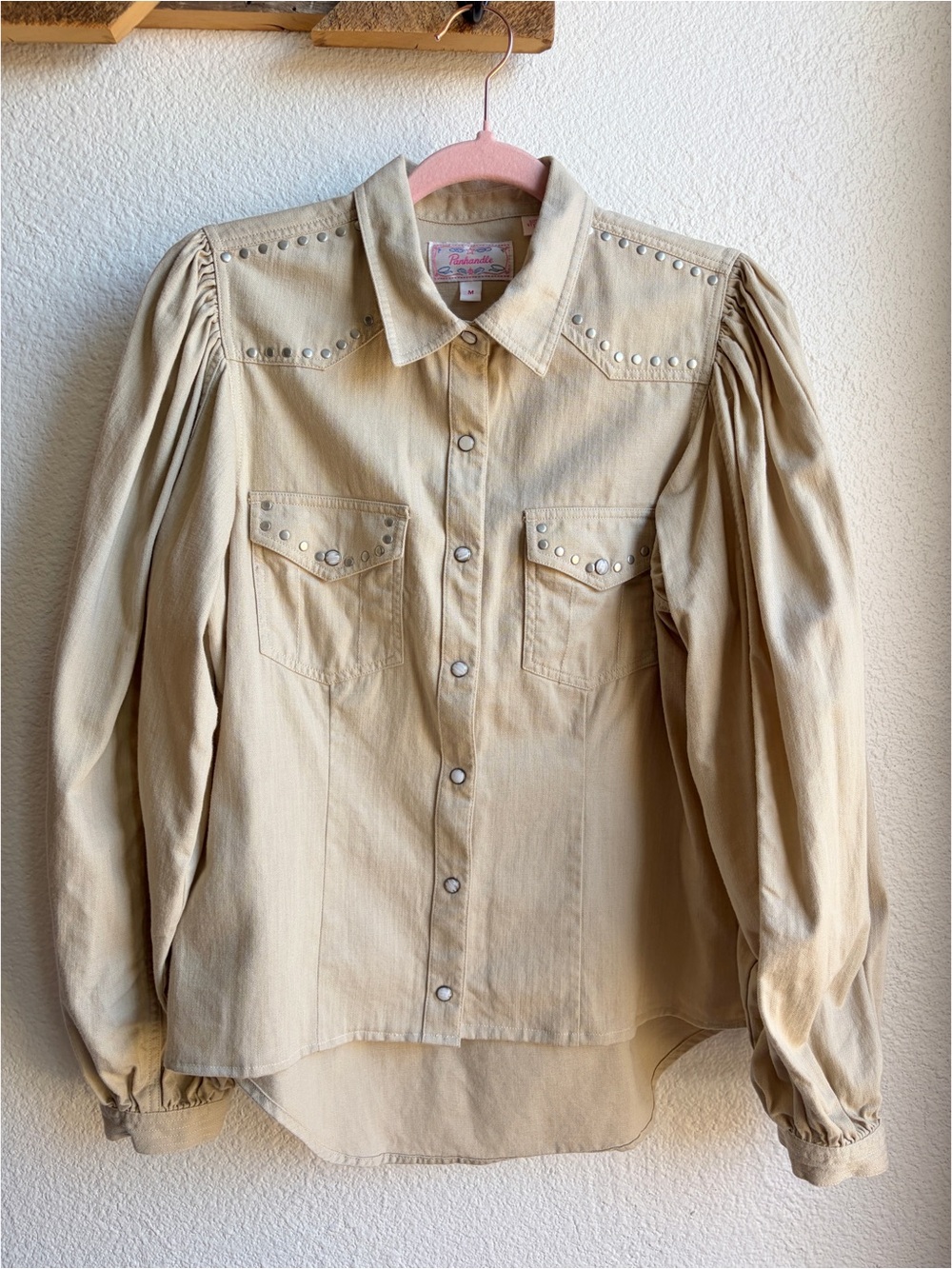 Vintage Panhandle Tan Puff Sleeve Studded Western Pearl Snap Blouse Medium